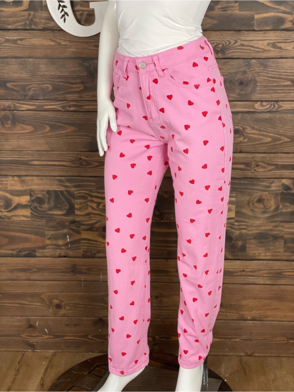 SHEIN | High Waist Straight Denim Jeans Pink Red Heart Print - Picture 8 of 10